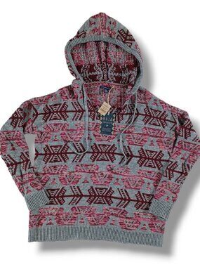 AEO American Eagle Baja Womens Sweater Hoodie Relaxed Fit Gray Red Aztec Size XS